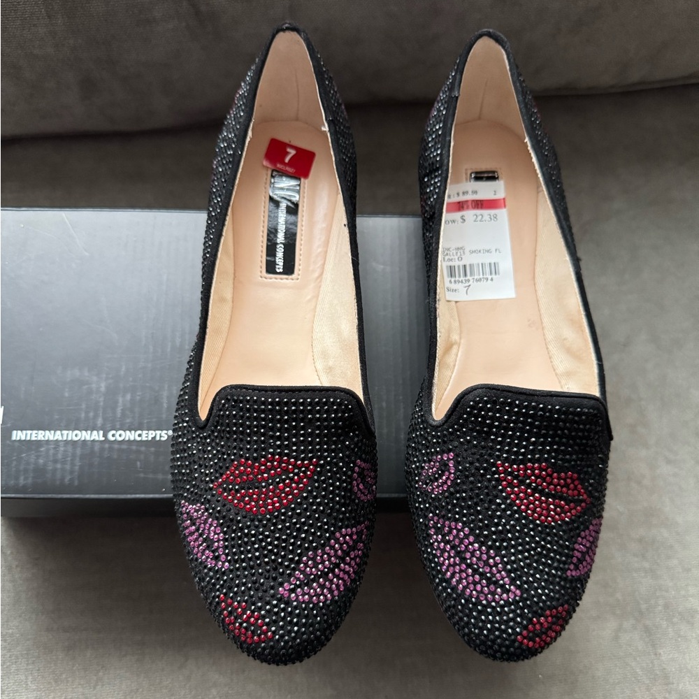INC International Concepts Women's Black and Pink Embellished Loafers NWT Sz 7